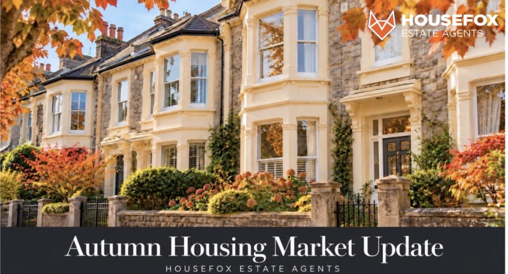 Bay-fronted houses framed by autumn foliage with House Fox Estate Agents branding.